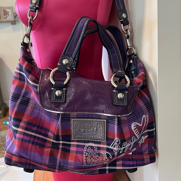 Ed Hardy Plaid Shoulder Bag in Purple and Pink - Picture 1 of 8
